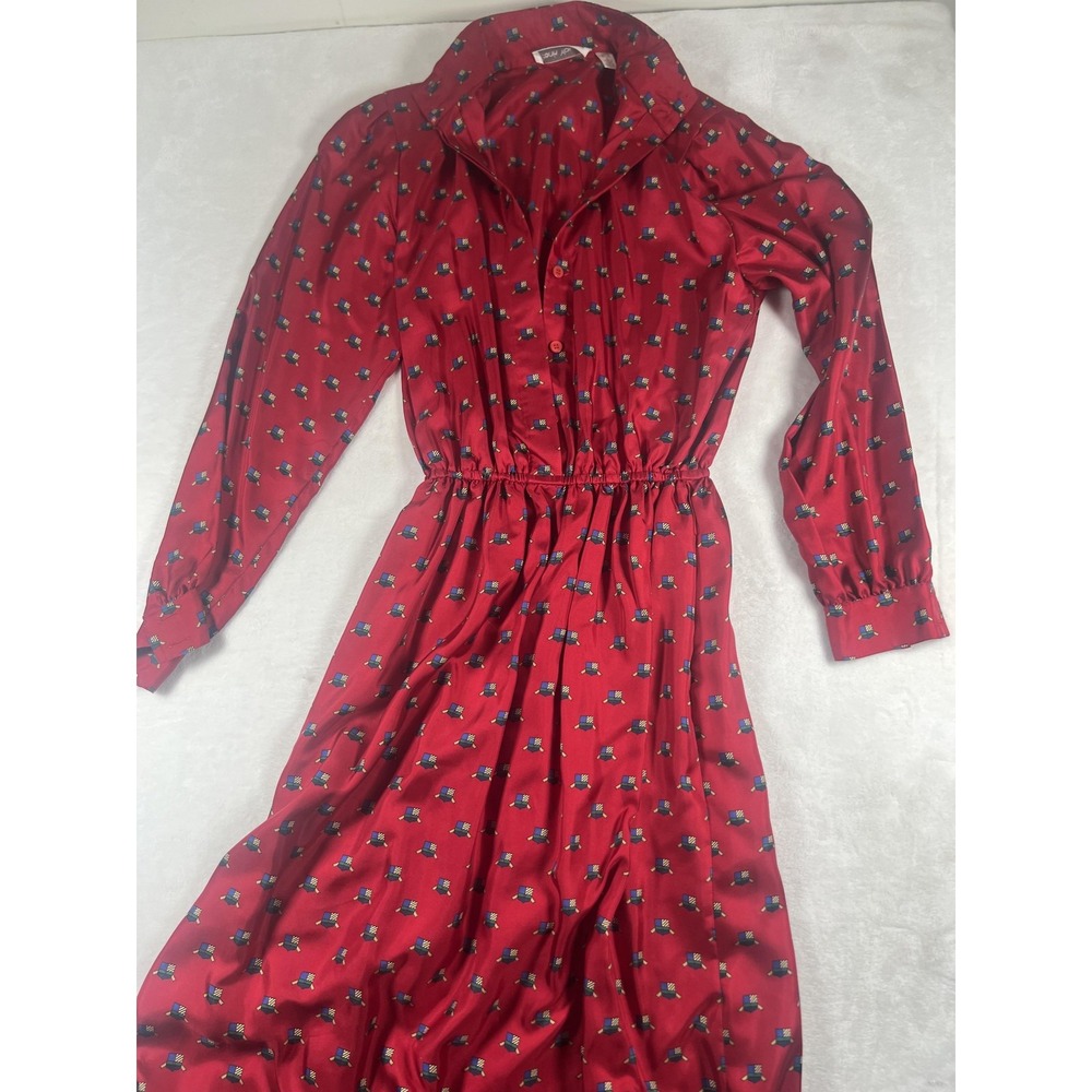 Frank Young Silk Shirt Dress Womens 6 Red Geometric Print Elastic Waist Buttons
